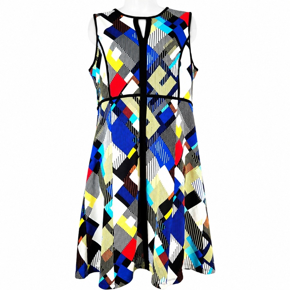 Phase Seven Dress 12 Multicolor Geometric Sleeveless Fit Flare Mod Retro, Modern